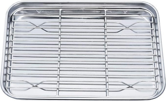 TeamFar Toaster Oven Pan Tray with Cooling Rack, Stainless Steel Toaster Ovenware Pan, Compact 8''x10''x1'', Healthy & Non Toxic, Rust Free & Easy Clean - Dishwasher Safe