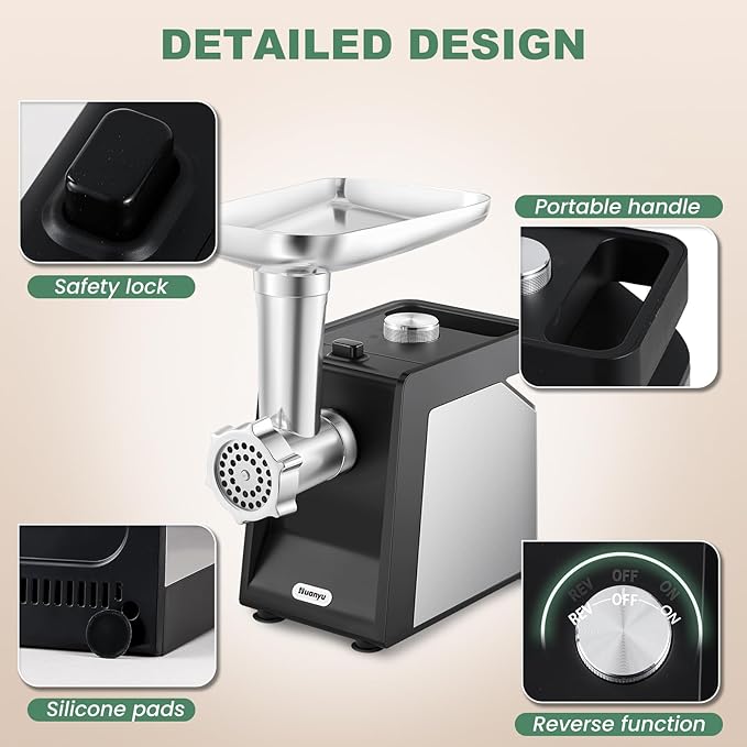 Huanyu Electric Meat Grinder for Home Use, Quiet for Apartment Cooking, Process Beef & Venison in 90s, Sausage Kubbe Prep Kit 110v