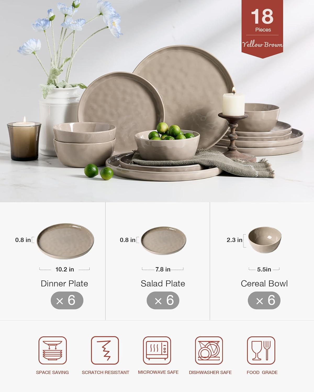 Famiware Mars Plates and Bowls Set, 18 Pieces Dinnerware Sets, Dishes Set for 6, Cinnamon Brown