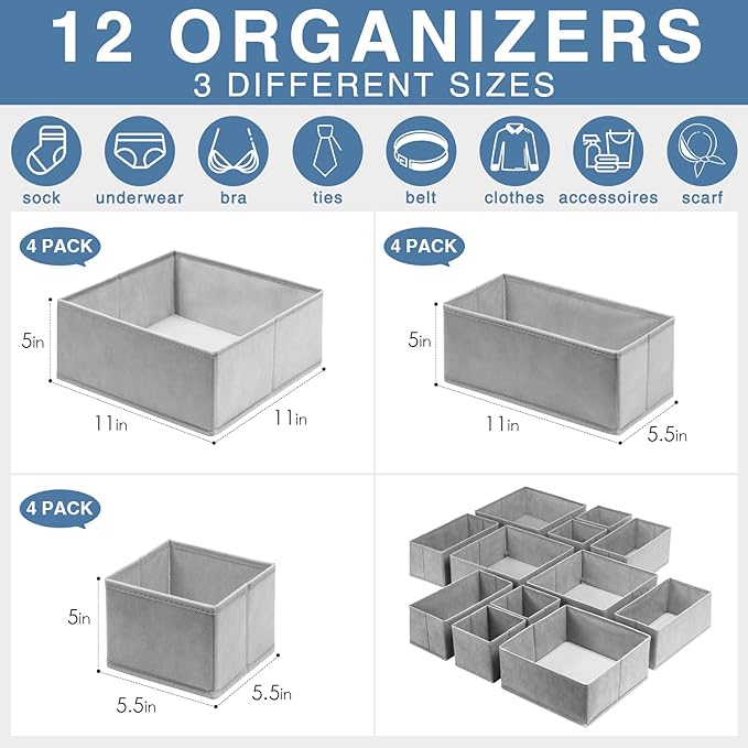 Criusia Drawer Organizer for Clothing, 12 Pack Sock Underwear Drawer Organizer Bins, Foldable Fabric Closet Organizers and Storage, Dresser Drawer Dividers for Baby Clothes, Bra, Scarves, Belt, Tie