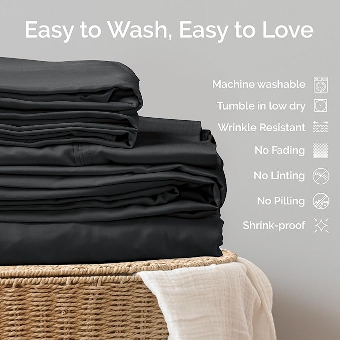 100% Viscose from Bamboo Sheets King Size, Super Soft King Bed Set, 4PC Cooling Sheets for Hot Sleepers, Organically Grown Bedding Sheet, King Size Sheet Set - Charcoal - 76" x 80"