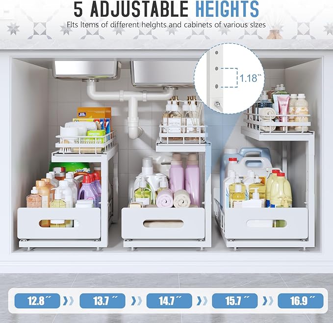 2 Pack 18 IN Depth Under Sink Organizer with Smooth Ball Bearing Slides,2-Tier Pull Out Cabinet Storage,Slide Out Drawers for Bathroom&Kitchen,Rust-resistant Coating,Height Adjustable-White