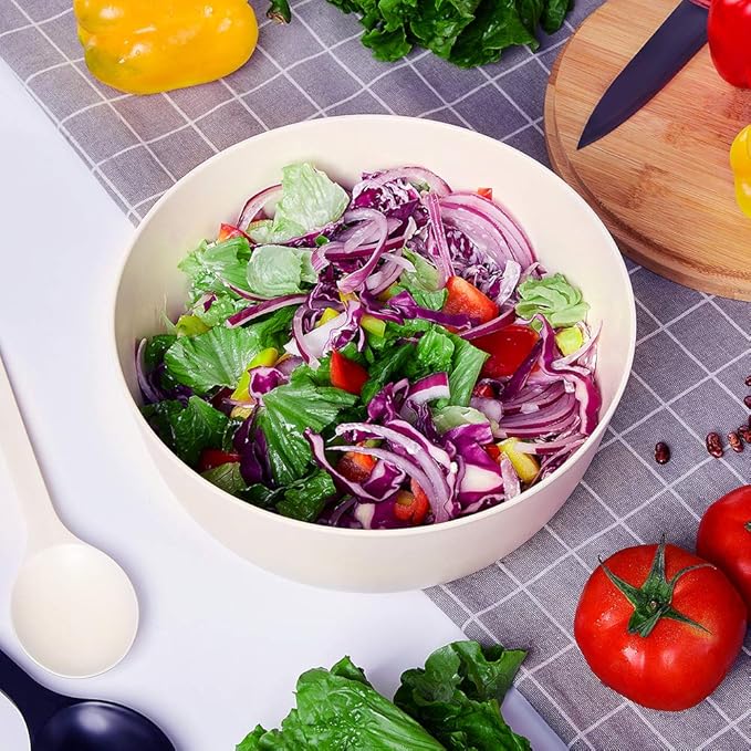 10” Bamboo Fiber Large Salad Serving Bowl Set with Wooden Lid & Servers, 3.5Qt Big Bowl with Utensils for Mixing Salad,Fruit,Pasta,Lightweight & Dishwasher Safe, Ideal Gift for Home - Matte White