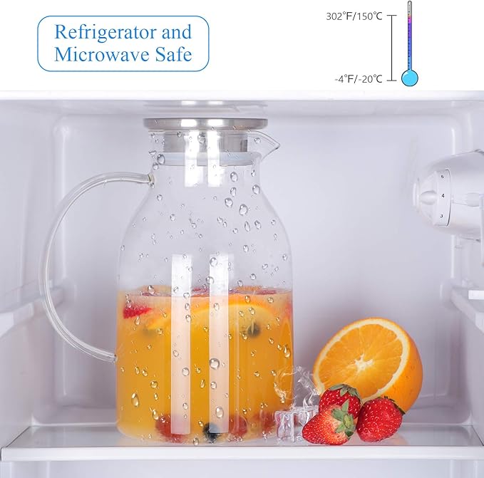 Glass Water Pitcher with Lid and Spout, 68 Ounces Heat Resistant Borosilicate Glass Carafe with Brush and Mixing Spoon, Temperature Safe