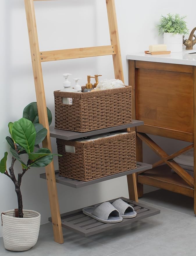 StorageWorks Round Paper Rope Storage Baskets, Rectangular Wicker Baskets with Built-in Handles, Medium, 2-Pack