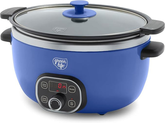 GreenLife 6QT Slow Cooker, Non-Toxic PFAS-Free Ceramic Nonstick Removable Interior Bowl, Programmable, Family Friendly, Keep Warm, Stovetop & Oven Safe, Dishwasher Safe Parts, Timer, Glass Lid, Blue