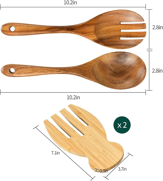 Salad Servers Salad Hands Set, Wood Salad Tongs, 10.2in Salad Spoon Fork and 7.1in Salad Hands Set, Salad Server Set for Mixing, Tossing and Cooking (Salad Server Salad Hand Set)