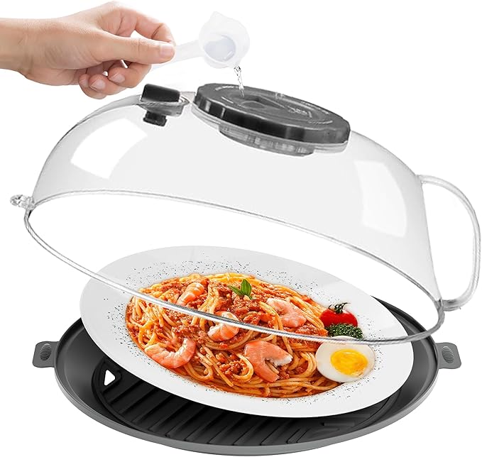 Microwave Splatter Cover for Food, Plastic Microwave Cover with Water Steamer and Integrated Handle, 10 Inch Splatter Guard Lid with Plate, Kitchen Gadgets & Accessories (Gray, 10 inch)