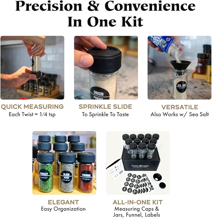 Glass Spice Jars & Measuring Cap Set - Twist to Dispense 1/4 Tsp Per Turn for Precise Cooking - Glass Jars with Lids Keep Kitchen Organized & Tidy - Enjoy Round Spice Jar Without Mess-12Pack