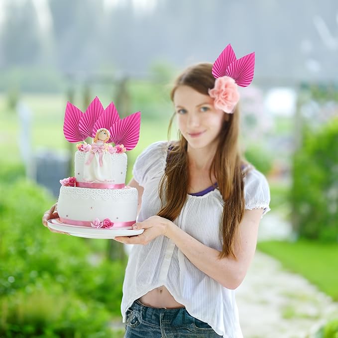 Gyufise 6Pcs Paper Palm Fan Cake Topper Palm Spear Leaves Fan Cake Pick Decoration for DIY Craft Project Home Made Wedding Bridal Shower Birthday Anniversary Party Cake Decorations Peach Red