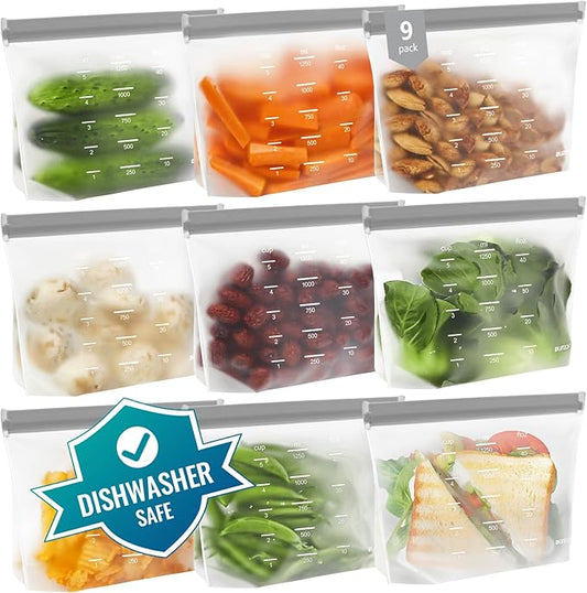 Dishwasher Safe Reusable Storage bags Stand Up - BPA Free Reusable Sandwich bags - Leakproof Gallon Freezer bag, Food Storage bag - Grey 9 Sandwich