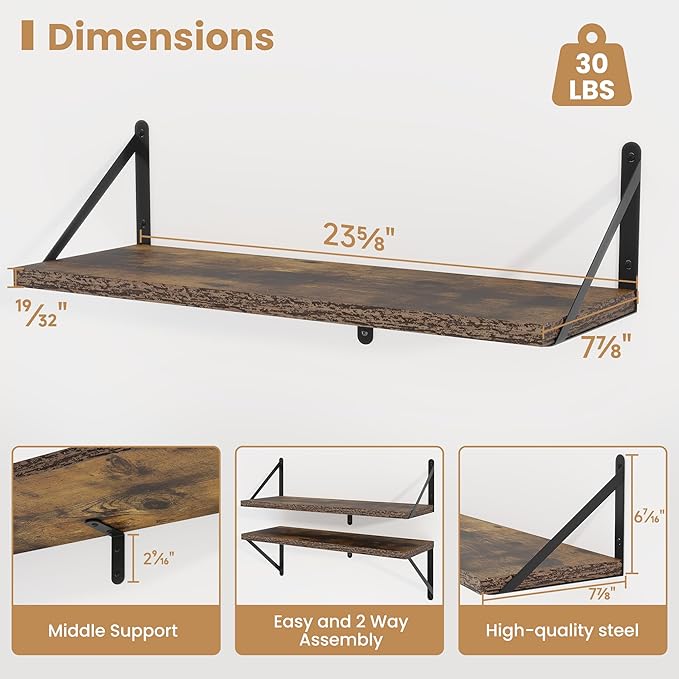 Heimlove 24 Inches Rustic Brown Floating Shelves,8 Inches Deep Wall Bookshelf Mounted Display&Storage Wood Wall Shelves for Kitchen Bathroom Laundry Living Room,Set of 3