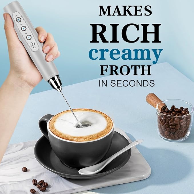 Milk Frother Handheld for Coffee, Electric Whisk 3 Speed Adjustable, Drink Mixer with Stainless 3 Whisks, Rechargeable Hand Frother Wand, Foam Maker for Latte Cappuccino Matcha Egg Silver
