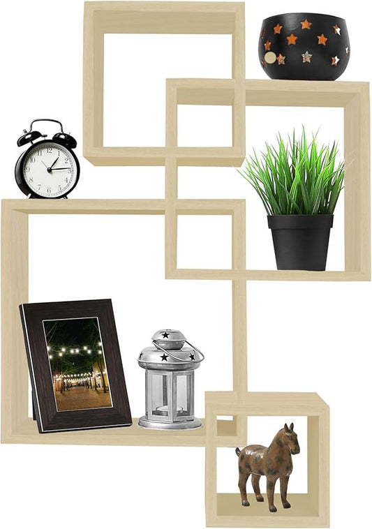 Greenco 4 Cube Intersecting Shelves, Easy-to-Assemble Floating Wall Mount Shelves for Bedrooms and Living Rooms, Natural Finish