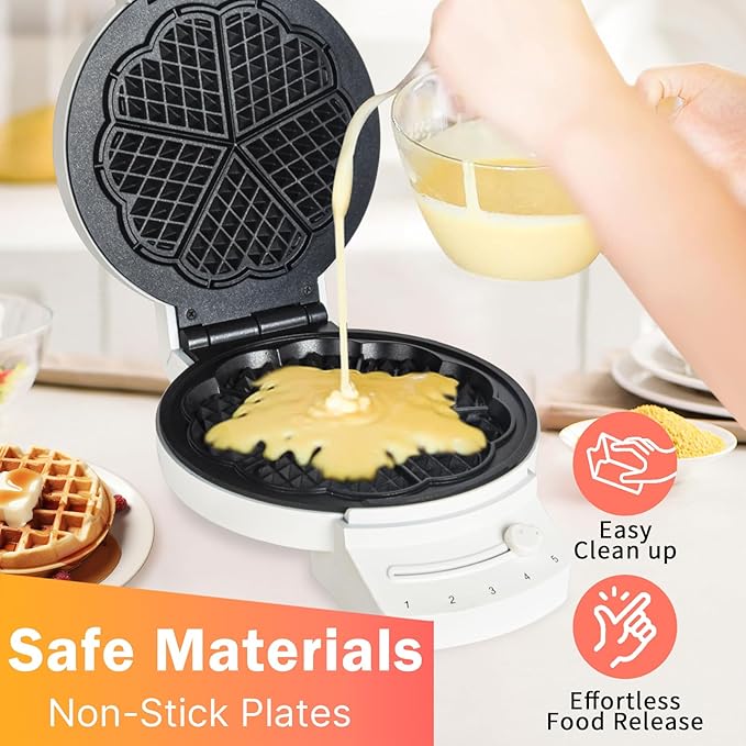 Electric Heart-shape Waffle Maker: 5-Temp Control & Fast Heating - White Round Shape with Non-Stick Scratch-Resistant Coating for Belgian Waffles （Single-plate）