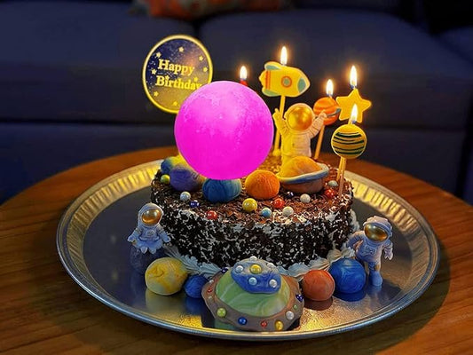 Cake Topper for Kids Astronaut Space Birthday Cake Decoration, 3D Soft Light Moon Outer Space Cake Topper for Party Supply, LED Moon Planet Birthday Cake Decoration (Pink)