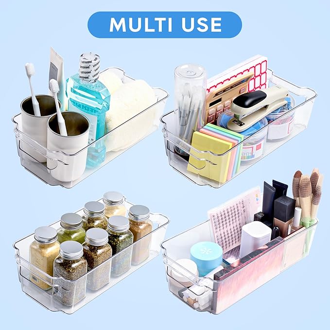 JollyPack 8 Pack Clear Plastic Storage Bins, Refrigerator Organizers and Storage with Handles for Fridge, Pantry, Kitchen, Bathroom, Office, and Cabinet Organization
