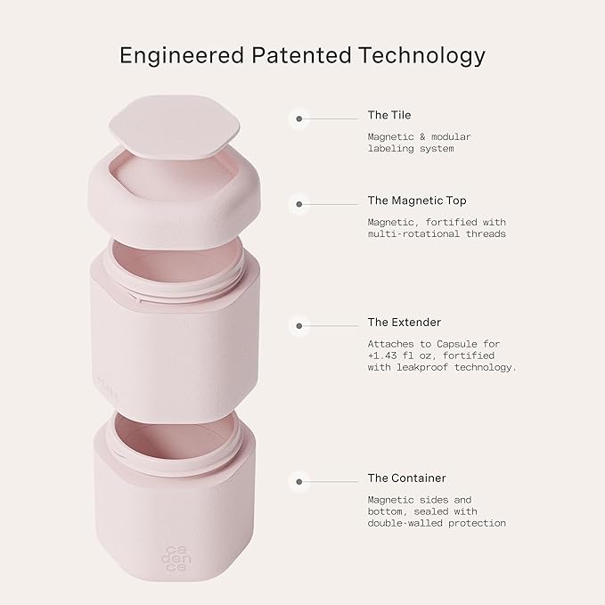 Cadence Travel Containers - Full Skincare Set - Magnetic Containers with Lids,Carry On Travel Essentials For Women/Men - 2 Small (0.56oz), 4 Medium Capsules (1.32oz), & Extender (1.43oz) - Petal