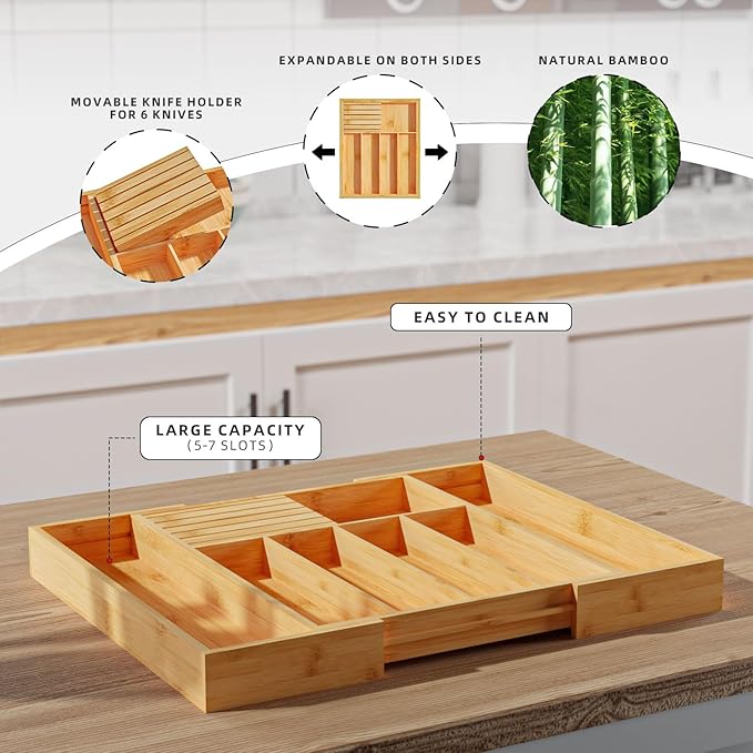 Silverware Organizer with Removable Knife Block - Bamboo Utensil Organizer for Kitchen Drawers Expandable Cutlery Organizer W12.8-20.2" x L16 x H2 (Yellow)