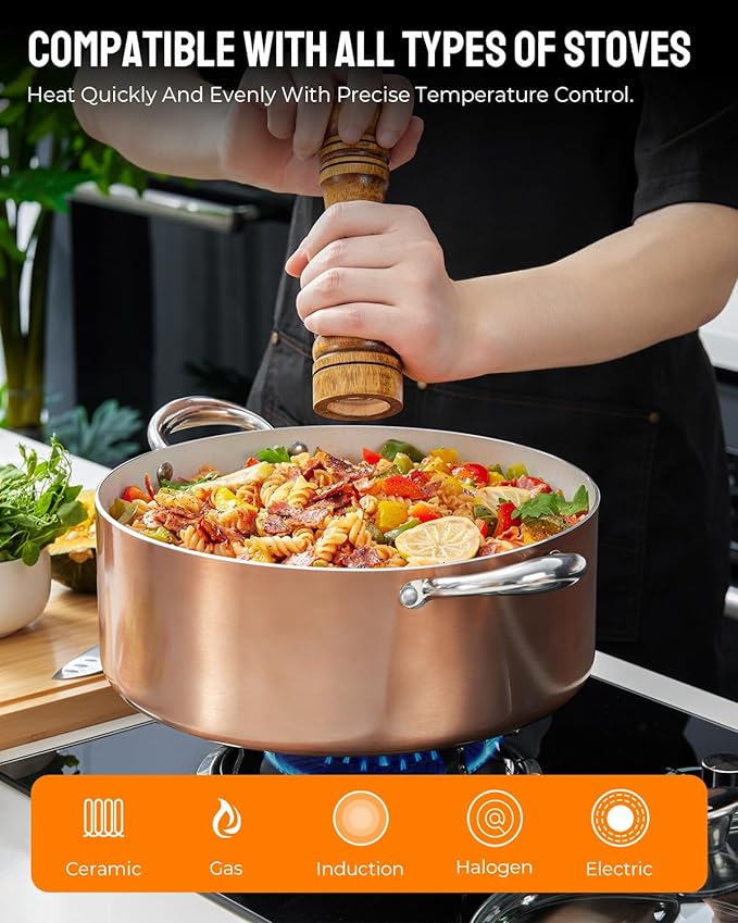 BEZIA Large 8 Quart Nonstick Cooking Pot with Lid, Induction Stock Pot, Soup Pot for All Stovetops, Non-toxic and Oven Safe, PFOA PFAS Free, Golden