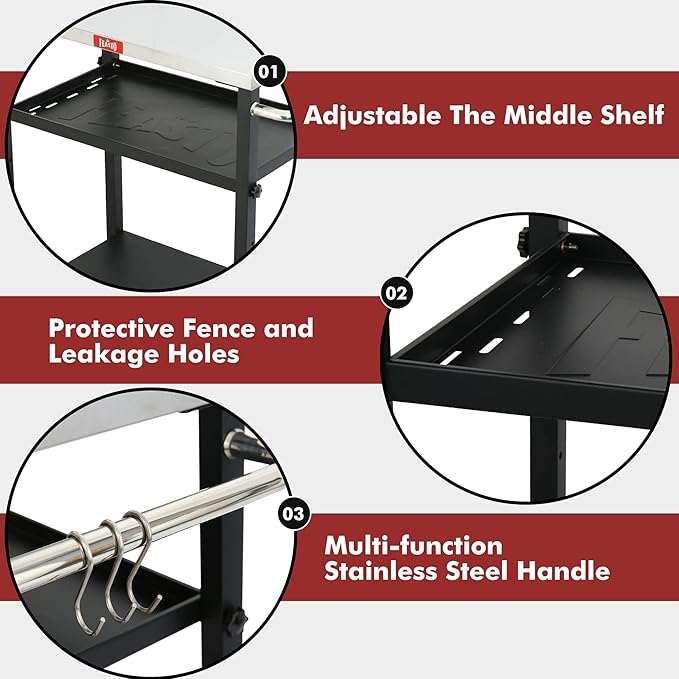 3-Shelf Grill Table,Pizza Oven Stand with Adjustable Shelf, Movable Grill Cart, for Outside,Outdoor Bar Cart with Wheels,Stainless Steel Tabletop,L34xW16.1