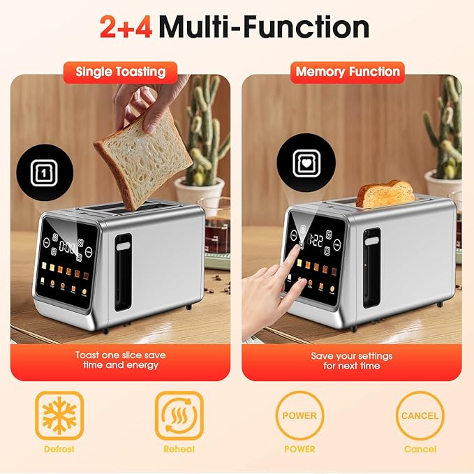 Toaster 2 Slice Wide Slot, Stainless Steel Digital Toasters Best Rated Prime, Touch Screen Toaster for 5 Bread Types/6 Shade Settings/Single Slot Toasting/Memory Function/Defrost/Reheat