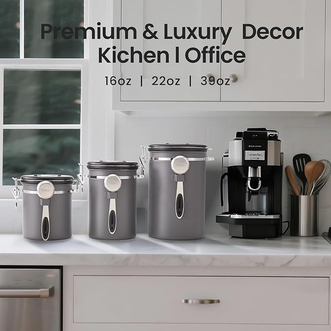 Veken Coffee Canister, 39OZ Large, Airtight Stainless Steel Food Storage Container for 2.2lbs Coffee Beans, Ground, Sugar, Tea, Flour, Rice, Cereal, Cookies Jars, Bar Accessories & Gifts, Gray