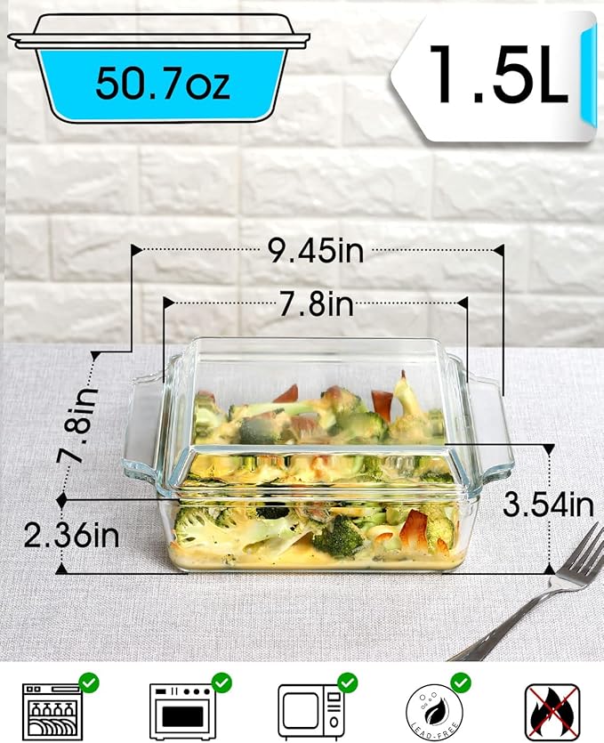 NUTRIUPS 8x8 Baking Dish Square Casserole Baking Dishes with Glass Cover Glass Casserole Dish with Lid Baking Dish Glass Baking Pan for Baking