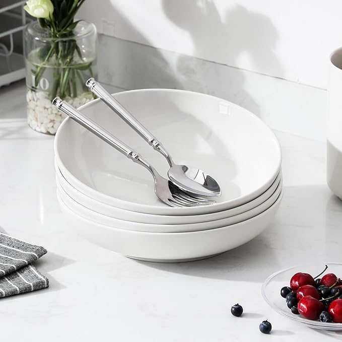 MALACASA 8.85" Large Pasta Bowls, 42 OZ White Salad Bowls Soup Bowls, Porcelain Serving Bowls Set of 4, Large Kitchen Bowl Plates Pasta Plates, Microwave & Dishwasher Safe, Series REGULAR