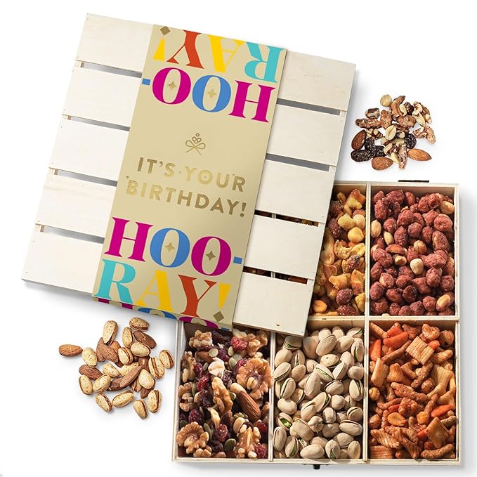 Happy Birthday Food Gift Basket, Healthy Nut Gift Tray, Birthday Snack Treat in Reusable Wooden Crate, Gourmet Assorted Food Delivery, Birthday Snack Box, For Men, Women and Families, Bonnie & Pop