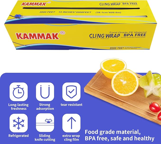 KAMMAK Plastic Wrap Food Cling Wrap with Slide Cutter 15 inch Restaurant Cling Film 2000 Ft Bulk Roll Refillable Food Service Cling Wrap Dispenser Quick Cut Anti-Fog Cling Film for Kitchen