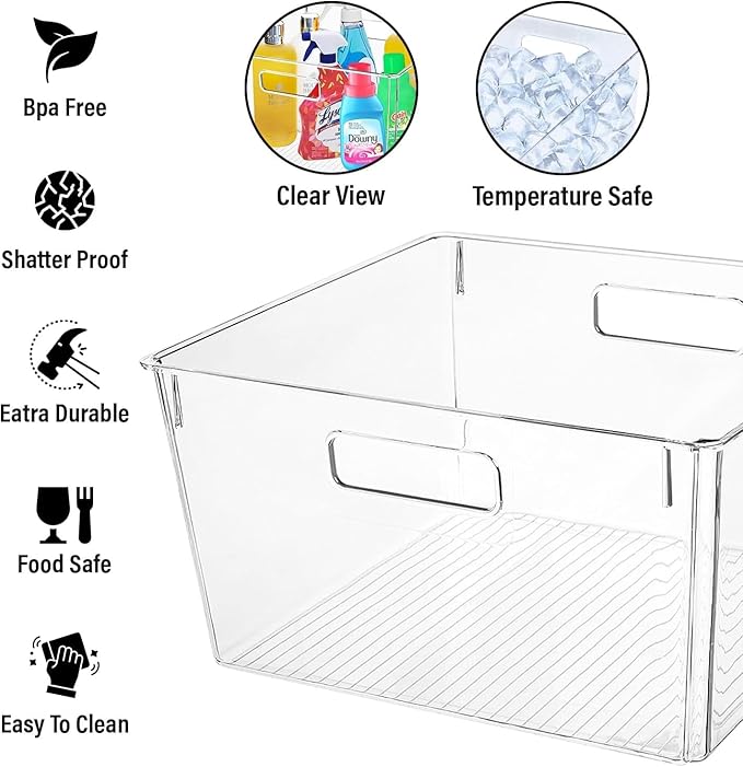 Clear Extra Large Plastic Storage Bins, Perfect for Pantry Organizers and Storage Containers Fridge Organizer Plastic Bins Kitchen Organizer Bin for Organizing Under Sink Refrigerator Organization