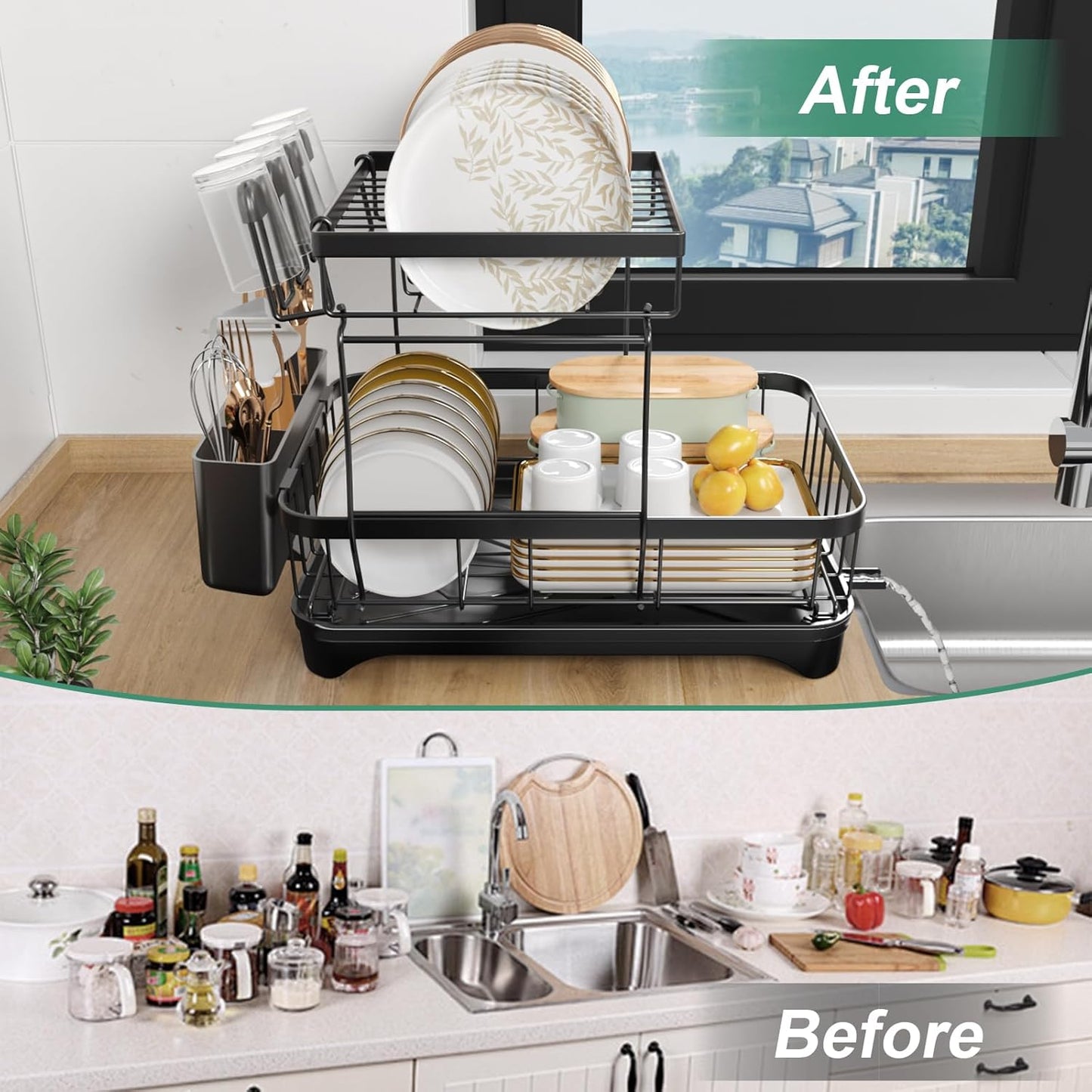 Dish Drying Rack, 2-Tier Large Dish Drying Rack for Kitchen Counter – Space Saving Dish Drainer Organizer with Utensil Holder and Cutlery Tray, Black