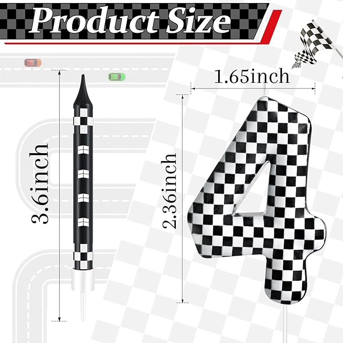 13 Pcs Racing Cars Themed Birthday Candles Black and White Race Number 4 Checkered Candle Cake Topper for Racing Car Party Decoration Supplies (Number 4)