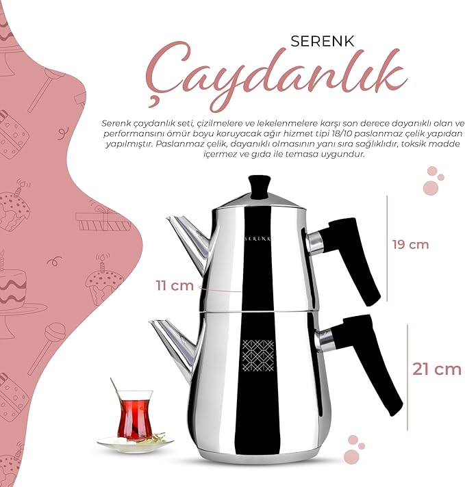 Serenk Stainless Steel Turkish Teapot Set, Double Kettle Set with Non-Slip Bakelite Handles, 101 Oz Black