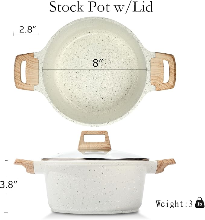 ESLITE LIFE Nonstick Stock Pot with Lid, 3 Quart Granite Casserole Small Soup Pot Pasta Cooking Pot, Induction Compatible, PTFE & PFOA Free, White