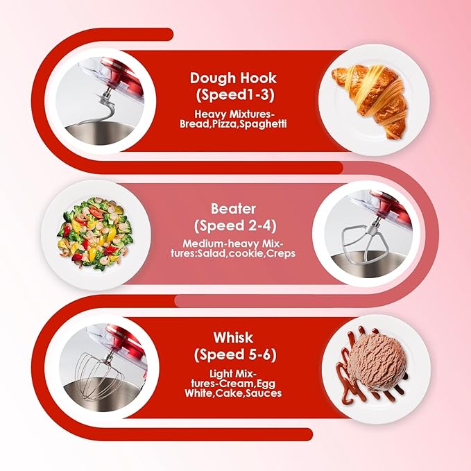 Kitchen in the box Stand Mixer, 900W 8.5QT Kitchen Electric Mixer, 6-Speed Large Capacity Food Mixer for Home Cooks with Egg Whisk, Dough Hook & Flat Beater (Red)