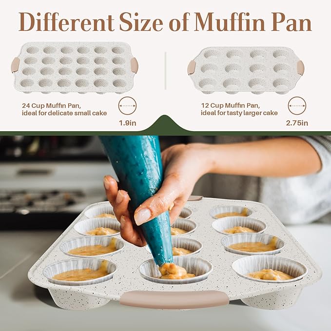 10-Piece Baking Pans Set Nonstick, Stackable Bakeware, Toxin-Free Baking Pans Set with Silicone Handles, Includes Cookie Sheets, Cake Pan, Loaf Pan, Pizza Pan, Muffin Pan, White&Khaki