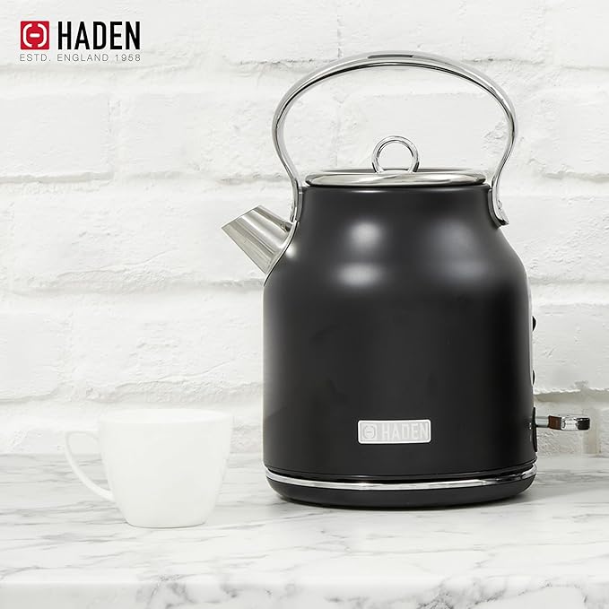 HADEN Heritage 1.7 Liter Stainless Steel Electric Kettle, Hot Water Kettle with 360-Degree Base and Auto Shutoff, Black & Chrome
