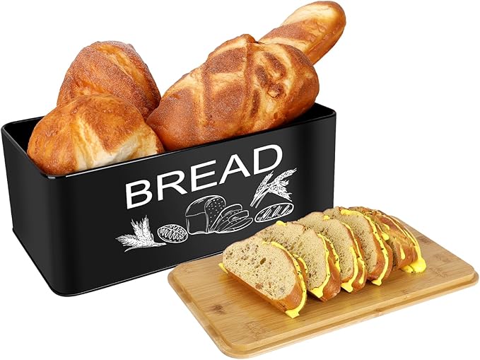 JIGUOOR Black Bread Box, Large Space Saving Vertical Metal Bread Box with Wooden Cutting Board Lid, Holds 2+ Loaves, Farmhouse Bread Bins Kitchen Bread Storage,Kitchen Parts Box 12.99" x 7.08" x 4.72"
