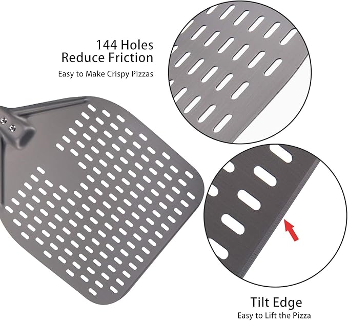 12-Inch Perforated Pizza Peel: Hard Anodized Aluminum Pizza Spatula with Silicone Handle, Professional Large Pizza Turning Peel, Pizza Paddle, 26-Inch Overall