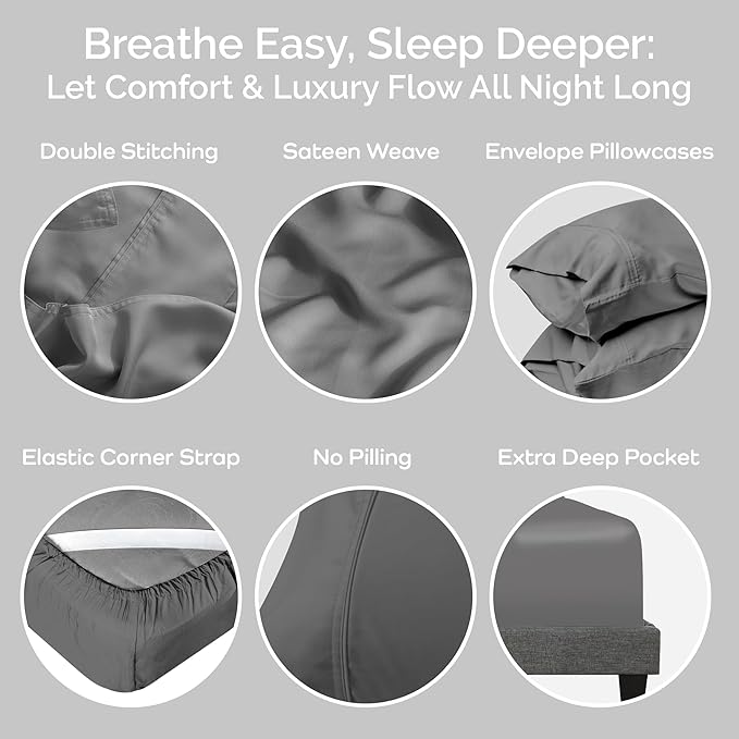 100% Viscose from Bamboo Sheets Queen Size, Super Soft Bedding Set, 4PC Cooling Sheets for Hot Sleepers, Vegan Silk Moisture Wicking, Organically Grown Bedsheet, Steel - 60" x 80"