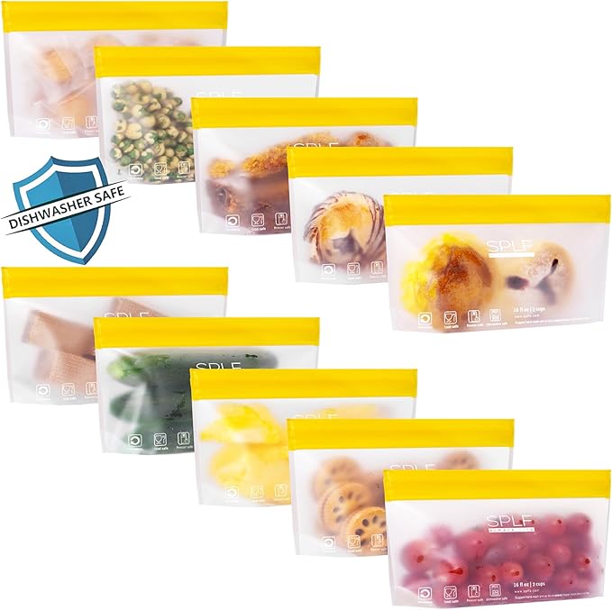 SPLF 10 Pack Stand-Up Reusable Snack Bags Dishwasher Safe, BPA Free Food Storage Bags, Extra Thick Leakproof Freezer Bags Silicone Snack Pouch For Candy, Fruits, Cereal, Home Organization