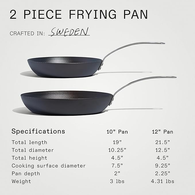 Made In Cookware - 2 Piece (Includes 10",12") Seasoned Carbon Steel Frying Pan - (Like Cast Iron, but Better) - Professional Cookware - Crafted in Sweden - Induction Compatible