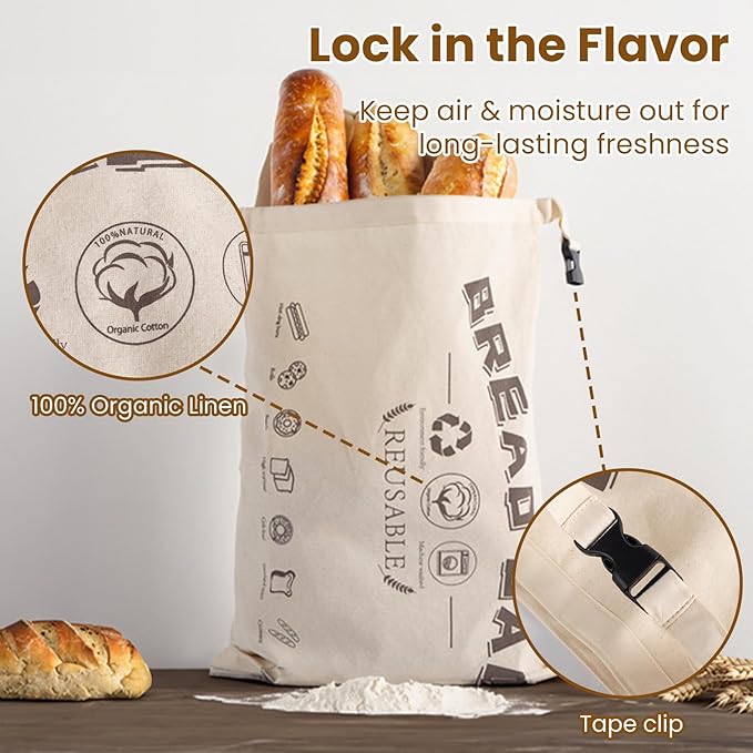 2-Pack Bread Bags, Reusable Bread Bags for Homemade Bread, Buckle Closure,Fresh Keeping Extra Large Bags, Food Bag (Beige)