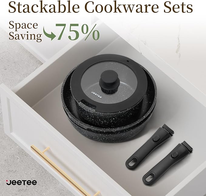 JEETEE Pots and Pans Set Non Stick 19pcs, Kitchen Cookware Sets with Detachable Handle, Induction Nonstick Cookware Set with Removable Handle, Stackable RV Cookware, Oven Safe, PFOA Free, Black