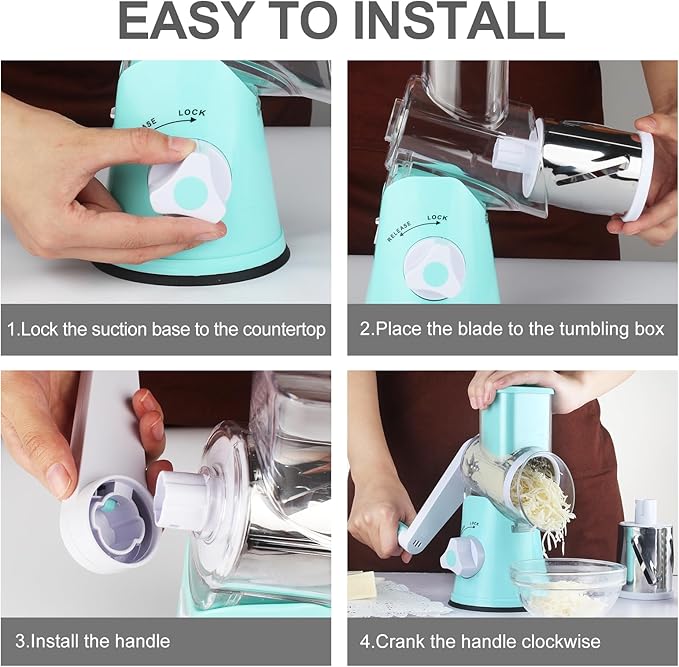 Cambom Rotary Cheese Grater Hand Crank Cheese Shredder for Fresh Cheese, Vegetable, Nuts,Non-slip Suction Base, Five Blades, Blue
