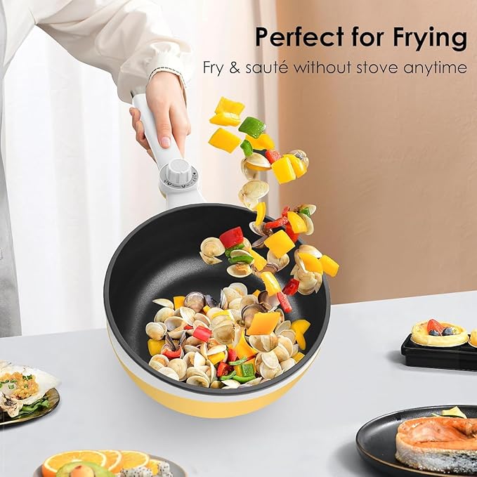 Audecook Hot Pot Electric with Steamer, 1.7L Mini Electric Skillet Portable Nonstick Sauté Pan with Power Adjustment, Rapid Noodles Cooker Travel Multicooker for Steak/Soup/Egg/Oatmeal/Noodles