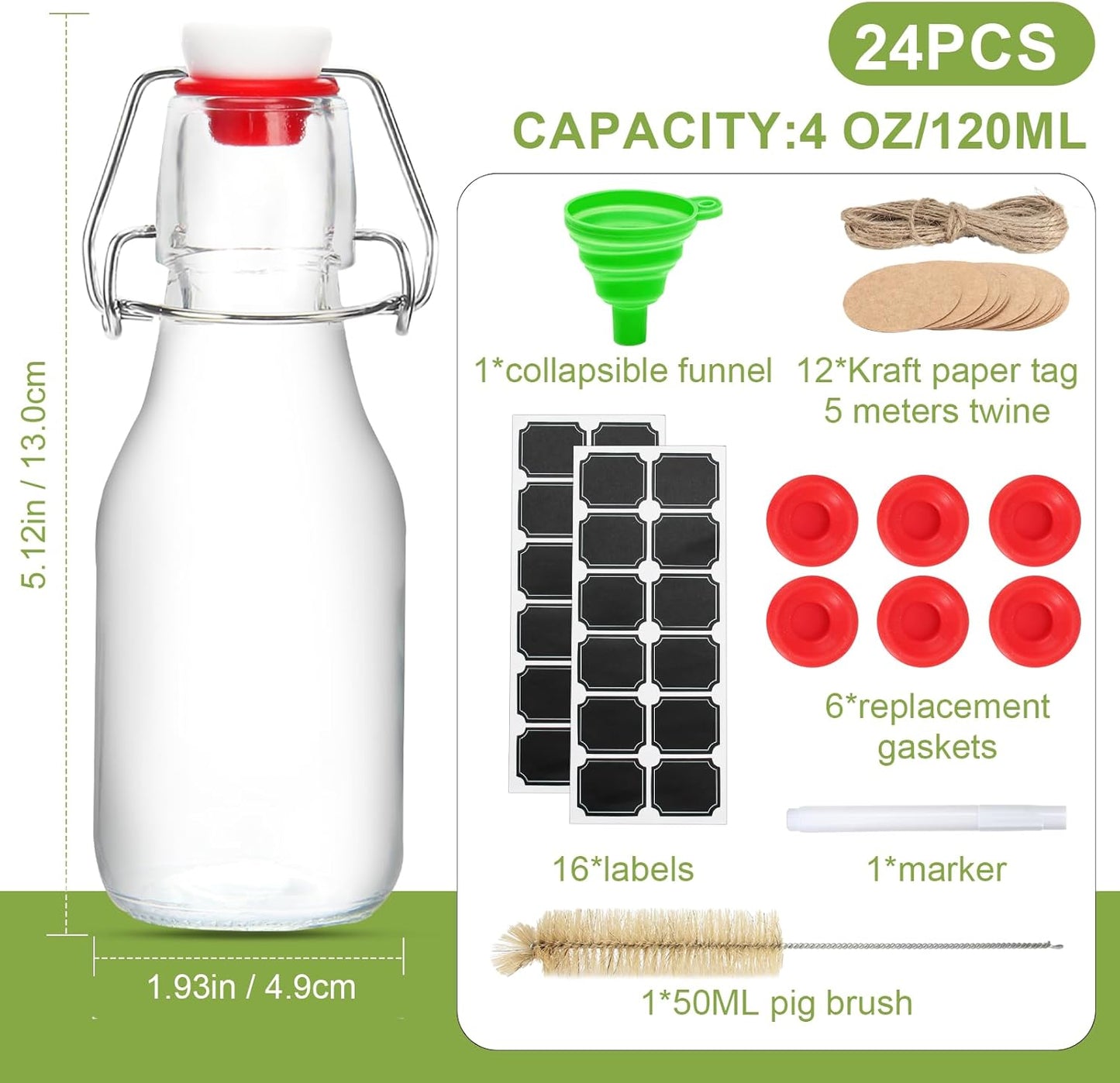 Ruckae 24 Pack 4oz Swing Top Glass Bottles with Lids Kombucha Coquito Flip Top Glass Bottle for Syrup Vanilla Extract Brew Beer Kefir Air Tight Bottles for Gift (4 oz 24 pack)