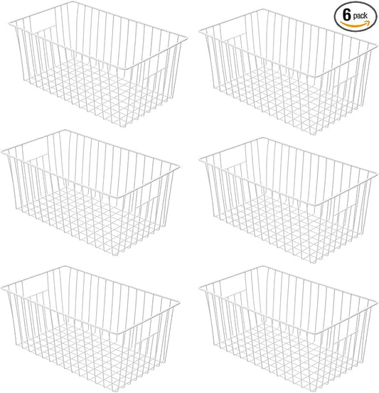 16inch Farmhouse Freezer Wire Baskets Organizer Storage Bins Large Organizer Baskets with Handles for Storage, Office, Kitchen, Pantry, Cabinet, Closets - Set of 6 (White 6)